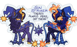 Size: 2048x1252 | Tagged: safe, artist:cingulomana, part of a set, oc, oc only, oc:sun striker, hybrid, kirin, nirik, alternate universe, bags under eyes, big horn, blue text, cape, chest fluff, claws, clothes, colored ear fluff, colored hooves, colored legs, colored pinnae, ear fluff, ear tufts, element of harmony, eye markings, eyeshadow, fiery eyes, fluffy mane, hat, hooves, horn, kirin oc, large horn, leg fluff, leg markings, leg stripes, leonine tail, lidded eyes, long mane, makeup, mane of fire, orange eyes, outline, purple coat, purple eyeshadow, raised leg, simple background, smiling, solo, spiky tail, stripes, tail, tail of fire, text, thin, thin tail, transparent background, two toned eyes, unshorn fetlocks, wall of tags, watermark, wingding eyes, wizard hat, yellow eyes, yellow hooves