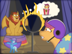 Size: 3510x2646 | Tagged: safe, artist:babclayton, scootaloo, trixie, manticore, pegasus, pony, unicorn, g4, bucket, cape, carnivore, clothes, curtains, fanfic art, fire, food chain, hat, helmet, hoop, horn, kfc, licking, licking lips, meme, moonshot manticore mouth dive, pony cannonball, scootachicken, spotlight, stage, this will end in fried chicken, this will end in tears and/or death and/or covered in tree sap, tongue out, trixie's cannon, trixie's cape, trixie's hat