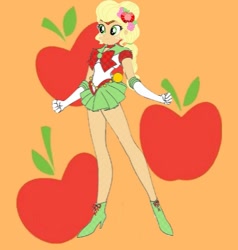 Size: 1125x1180 | Tagged: safe, artist:theemperorofhonor, applejack, human, equestria girls, g4, clothes, cosplay, costume, gloves, sailor applejack, sailor moon (series), shirt, shoes, skirt, solo