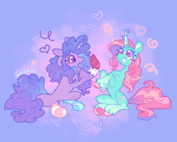 Size: 2048x1645 | Tagged: safe, artist:bishopony, izzy moonbow, minty, earth pony, pony, unicorn, g3, g5, abstract background, alternate design, alternate hairstyle, alternate tailstyle, belly, blush scribble, blushing, clothes, coat markings, colored eyelashes, colored hooves, colored horn, colored pinnae, colored pupils, colored underhoof, concave belly, curly mane, curly tail, cute, duo, duo female, emanata, eyelashes, fake horn, female, floating heart, floppy ears, freckles, halftone, heart, hoof heart, hooves, horn, izzybetes, long mane, long socks, long tail, looking at someone, mare, mint coat, mintybetes, mismatched socks, nose blush, open mouth, open smile, pink hooves, pink mane, pink tail, purple coat, purple eyelashes, purple eyes, purple hooves, purple mane, purple pupils, purple tail, raised hoof, raised hooves, requested art, shiny eyelashes, shiny eyes, shiny hooves, shiny mane, shiny tail, signature, slender, smiling, socks, socks (coat markings), sparkles, striped socks, tail, thin, two toned mane, two toned tail, underhoof, unicorn horn, unicorn minty, unshorn fetlocks, wall of tags