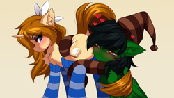 Size: 1920x1080 | Tagged: safe, artist:airiniblock, oc, oc only, oc:remixed cereal, oc:vanilla, earth pony, pony, unicorn, blushing, bow, butt, butthug, chest fluff, clothes, duo, ear fluff, earth pony oc, gradient background, hat, heart, heart eyes, horn, hug, looking back, plot, shipping, socks, striped socks, unicorn oc, wingding eyes