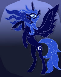 Size: 1280x1600 | Tagged: safe, artist:silverfishv9, oc, oc only, oc:azure star (silverfishv9), alicorn, pony, alicorn oc, blue mane, concave belly, ethereal mane, ethereal tail, gradient background, horn, magical lesbian spawn, nightmarified, not nightmare moon, offspring, parent:princess celestia, parent:princess luna, parents:princest, product of incest, rearing, slender, solo, starry mane, starry tail, tail, thin, wings