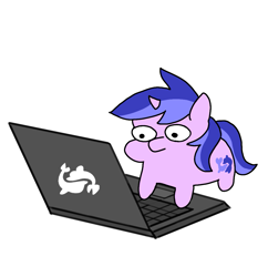 Size: 1059x1093 | Tagged: safe, artist:percypawz, sea swirl, seafoam, pony, unicorn, g4, computer, female, horn, laptop computer, mare, meme, remake, simple background, simple shading, solo, squatpony, white background