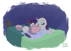 Size: 2235x1616 | Tagged: safe, artist:siemensohm, rarity, sweetie belle, pony, unicorn, g4, bed, belle sisters, cute, daaaaaaaaaaaw, duo, duo female, eyes closed, female, filly, floating heart, foal, heart, horn, lying down, mare, nuzzling, on bed, prone, sibling love, siblings, sisterly love, sisters, sleeping