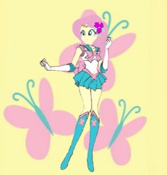 Size: 1125x1180 | Tagged: safe, artist:theemperorofhonor, fluttershy, human, equestria girls, g4, boots, clothes, cosplay, costume, gloves, high heel boots, sailor fluttershy, sailor mercury, sailor mercury boots, sailor moon (series), shirt, shoes, skinny, skirt, solo, thin