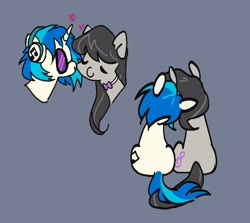 Size: 650x580 | Tagged: safe, artist:inez, dj pon-3, octavia melody, vinyl scratch, earth pony, pony, unicorn, g4, bangs, bowtie, bust, cheek kiss, cute, duo, eyes closed, female, floating heart, glasses, gray background, headphones, heart, holding tails, horn, kissing, leaning on someone, lesbian, mare, octavia's bowtie, portrait, profile, rear view, ship:scratchtavia, shipping, simple background, sitting, sitting together, smiling, tavibetes, vinyl's glasses, vinylbetes