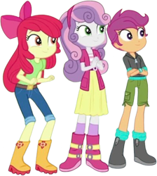 Size: 2259x2520 | Tagged: safe, edit, edited screencap, editor:mrtoonlover83, screencap, apple bloom, scootaloo, sweetie belle, human, equestria girls, g4, background removed, cutie mark crusaders, female, not a vector, simple background, transparent background, trio, trio female