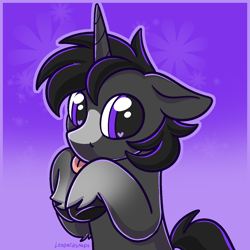 Size: 1400x1400 | Tagged: safe, artist:leopardsnaps, oc, oc only, oc:crystal nightshine, pony, unicorn, :p, cute, gradient background, horn, male, purple background, raised hooves, solo, stallion, tongue out, unicorn oc