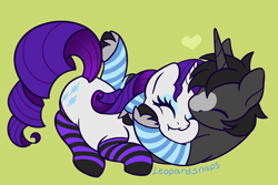 Size: 3000x2000 | Tagged: safe, artist:leopardsnaps, rarity, oc, oc:crystal nightshine, pony, unicorn, g4, arms around neck, blaze (coat marking), canon x oc, clothes, coat markings, cuddling, cute, duo, eyeshadow, facial markings, female, forehead kiss, green background, holding, horn, kissing, lying down, makeup, male, mare, on back, prone, raribetes, rarinat, shipping, simple background, snuggling, socks, squishy cheeks, stallion, straight, striped socks, unicorn oc, unshorn fetlocks