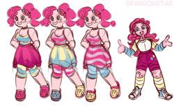 Size: 1506x914 | Tagged: safe, artist:vtya, pinkie pie, equestria girls, g4, alternate hairstyle, bandaid, clothes, crocs, dress, female, grin, shirt, shoes, shorts, simple background, smiling, socks, solo, striped socks, white background