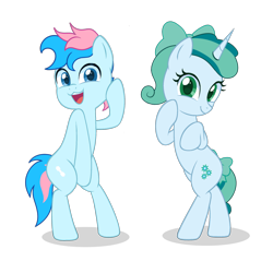 Size: 4000x4000 | Tagged: safe, artist:ramixe dash, oc, oc only, oc:blue chewings, oc:prixy, earth pony, pony, unicorn, g4, g5, adoraprixy, base used, bipedal, duo, female, g5 to g4, generation leap, horn, male, mare, simple background, stallion, transparent background