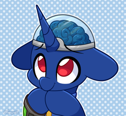 Size: 4000x3664 | Tagged: safe, artist:goyini01, oc, oc only, oc:bit shift, pony, unicorn, fallout equestria, blue coat, brain, clothes, commission, cute, dome, ears back, high res, hooves together, horn, jumpsuit, looking up, male, organs, pipbuck, pleading, polka dot background, red eyes, solo, stallion, vault suit