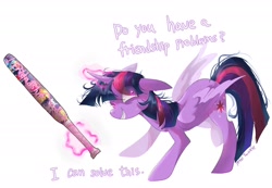 Size: 2048x1421 | Tagged: safe, artist:petaltwinkle, applejack, fluttershy, pinkie pie, rainbow dash, rarity, twilight sparkle, alicorn, pony, g4, baseball bat, dialogue, eye clipping through hair, female, floppy ears, grammar error, grin, levitation, magic, mane six, mare, messy mane, signature, simple background, smiling, solo, telekinesis, twilight snapple, twilight sparkle (alicorn), white background