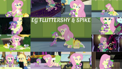 Size: 1280x721 | Tagged: safe, editor:quoterific, angel bunny, applejack, fluttershy, spike, spike the regular dog, sunny flare, cat, dog, human, rabbit, equestria girls, equestria girls specials, g4, my little pony equestria girls, my little pony equestria girls: dance magic, my little pony equestria girls: friendship games, my little pony equestria girls: legend of everfree, my little pony equestria girls: movie magic, my little pony equestria girls: rainbow rocks, animal, backpack, belt, boots, canterlot high, clothes, cowboy hat, cute, duo, duo male and female, female, hat, high heel boots, holding a dog, holding a spike, hug, lockers, male, shirt, shoes, shyabetes, skirt, socks, spikabetes, spikelove