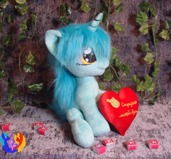 Size: 2278x2117 | Tagged: safe, artist:1stastrastudio, lyra heartstrings, pony, unicorn, g4, cyrillic, heart, heart plush, horn, irl, photo, plushie, russian, solo