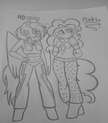 Size: 3587x4120 | Tagged: safe, artist:theponyguy, pinkie pie, rainbow dash, earth pony, pegasus, anthro, unguligrade anthro, g4, abs, anatomically incorrect, bracelet, clothes, cutie mark accessory, cutie mark necklace, duo, duo female, female, floppy ears, folded wings, hand on hip, hands behind back, innocent whistling, jewelry, lidded eyes, music notes, necklace, nervous, pants, pencil drawing, shirt, short shirt, story included, stylized, t-shirt, tank top, traditional art, unamused, whistling, wings