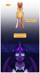 Size: 2360x4301 | Tagged: safe, artist:angstyram, applejack, twilight sparkle, alicorn, earth pony, pony, g4, applebutt, butt, coat markings, duo, duo female, eye clipping through hair, eyebrows, eyebrows visible through hair, facial markings, female, fetlock tuft, floppy ears, gradient horn, high res, horn, mare, neck fluff, plot, star (coat marking), twilight sparkle (alicorn)