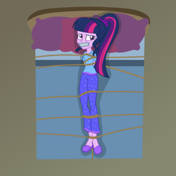 Size: 2500x2500 | Tagged: safe, artist:nie-martw-sie-o-mnie, part of a set, sci-twi, twilight sparkle, human, equestria girls, g4, bed, bondage, bound and gagged, clothes, female, femsub, gag, lying down, on back, pajamas, pillow, rope, rope bondage, slippers, solo, submissive, tape, tape gag, tied down, tied to bed, twisub