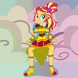 Size: 2500x2500 | Tagged: safe, artist:nie-martw-sie-o-mnie, part of a set, sunset shimmer, human, equestria girls, equestria girls specials, g4, my little pony equestria girls: dance magic, bondage, bound and gagged, chair bondage, cleave gag, cloth gag, female, femsub, flamenco dress, gag, high heels, rope, rope bondage, shoes, solo, submissive, subset, sunset shimmer flamenco dress, tied to chair