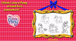 Size: 600x321 | Tagged: safe, earth pony, pony, g3, official, 2002, animated, concept art, female, gif, mare, my little pony logo, picture frame, plaid background, ponyville (g3), rearing, ribbon, unknown pony, unnamed character, unnamed pony