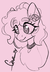 Size: 1061x1542 | Tagged: safe, artist:trashpanda czar, oc, oc only, oc:peony parfait, bust, chest fluff, coat markings, ear fluff, eyebrows, eyebrows visible through hair, eyelashes, female, flower, hair bun, mare, portrait, signature, simple background, smiling