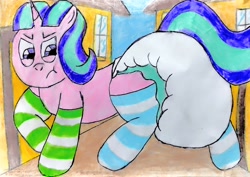 Size: 3178x2252 | Tagged: safe, artist:bitter sweetness, starlight glimmer, pony, unicorn, g4, :t, abdl, adult foal, blue sky, clothes, diaper, diaper fetish, dirt road, disgusted, fetish, horn, in our town, non-baby in diaper, poofy diaper, socks, striped socks, traditional art