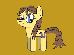 Size: 752x568 | Tagged: safe, artist:bikinithefangirlfanclub24, heidi hay, earth pony, pony, g4, braid, braided pigtails, closed mouth, cute, dark yellow background, deviantart muro, drawn on deviantart muro, female, filly, foal, heidibetes, pigtails, simple background, smiling, solo