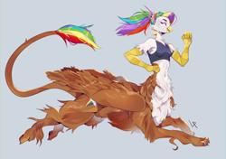 Size: 3832x2704 | Tagged: safe, artist:satway, oc, oc only, oc:rainbow feather, griffon centaur, hippogriff, taur, belly, belly button, clothes, fluffy, interspecies offspring, magical lesbian spawn, offspring, parent:gilda, parent:rainbow dash, parents:gildash, running, solo, thin