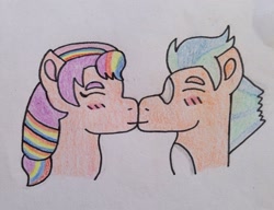 Size: 2448x1876 | Tagged: safe, artist:dragonpriness, hitch trailblazer, sunny starscout, earth pony, pony, g5, blaze (coat marking), blushing, coat markings, duo, duo male and female, eyes closed, facial markings, female, kissing, male, mane stripe sunny, mare, ship:starblazer, shipping, stallion, straight, traditional art