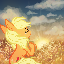 Size: 2000x2000 | Tagged: safe, artist:nootaz, applejack, earth pony, pony, g4, applejack's hat, blonde mane, blonde tail, cloud, cowboy hat, ear fluff, eyes closed, female, freckles, hat, mare, orange coat, sitting, smiling, solo, sunrise, tail