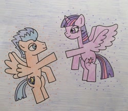 Size: 2370x2056 | Tagged: safe, artist:dragonpriness, flash sentry, twilight sparkle, alicorn, pegasus, pony, g4, duo, duo male and female, female, flying, male, mare, ship:flashlight, shipping, stallion, straight, traditional art, twilight sparkle (alicorn)