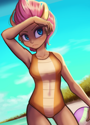 Size: 720x1000 | Tagged: safe, artist:the-park, smolder, human, g4, beach, beach ball, clothes, commission, female, humanized, one-piece swimsuit, solo, swimsuit