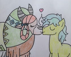 Size: 2199x1747 | Tagged: safe, artist:dragonpriness, sandbar, yona, earth pony, pony, yak, g4, duo, duo male and female, eyes closed, female, floating heart, heart, interspecies, kissing, male, older, older sandbar, older yona, ship:yonabar, shipping, stallion, straight, traditional art