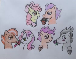 Size: 2289x1767 | Tagged: safe, artist:dragonpriness, apple bloom, button mash, rumble, scootaloo, sweetie belle, tender taps, earth pony, pegasus, pony, unicorn, g4, apple bloom's bow, blushing, bow, cutie mark crusaders, female, flower, hair bow, horn, male, mare, older, older apple bloom, older button mash, older cmc, older rumble, older scootaloo, older sweetie belle, older tender taps, ship:rumbloo, ship:sweetiemash, ship:tenderbloom, shipping, stallion, straight, traditional art