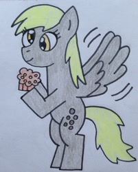 Size: 1816x2257 | Tagged: safe, artist:dragonpriness, derpy hooves, pegasus, pony, g4, female, flying, mare, muffin, smiling, solo, that pony sure does love muffins, traditional art