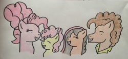 Size: 3264x1507 | Tagged: safe, artist:dragonpriness, cheese sandwich, li'l cheese, pinkie pie, oc, oc:toffee syrup, earth pony, pony, g4, brother and sister, colt, eyes closed, father and child, father and daughter, father and son, female, foal, husband and wife, male, mare, mother and child, mother and daughter, mother and son, offspring, older, older cheese sandwich, older pinkie pie, parent:cheese sandwich, parent:pinkie pie, parents:cheesepie, siblings, smiling, stallion, traditional art