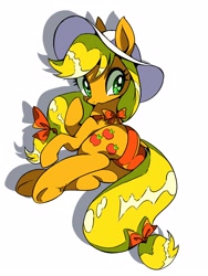 Size: 1200x1600 | Tagged: safe, artist:stacy_165cut, applejack, earth pony, pony, g4, alternate accessories, applebutt, big eyes, blonde mane, blonde tail, bow, butt, clothes, eyelashes, female, frown, green eyes, hair accessory, hair bow, hat, looking away, mane accessory, mare, neck bow, open frown, open mouth, orange bow, plot, shadow, shiny eyes, shiny mane, shiny tail, simple background, solo, sun hat, swimsuit, tail, tail accessory, tail bow, tied mane, tied tail, two-piece swimsuit, underhoof, white background, wingding eyes, yellow mane, yellow tail