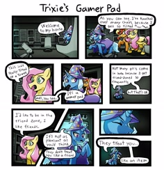 Size: 2150x2275 | Tagged: safe, artist:simpledoggo, fluttershy, sunset shimmer, trixie, pegasus, pony, unicorn, comic:trixie's gamer pad, g4, cape, clothes, comic, dialogue, duo, female, hat, horn, mare, trixie's cape, trixie's hat