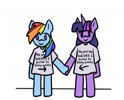 Size: 1600x1300 | Tagged: safe, artist:simpledoggo, rainbow dash, twilight sparkle, pegasus, unicorn, semi-anthro, g4, clothes, duo, duo female, female, holding hooves, lesbian, mare, ship:twidash, shipping, shirt, simple background, t-shirt, unicorn twilight, white background