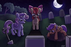 Size: 3000x2000 | Tagged: safe, artist:simpledoggo, apple bloom, scootaloo, sweetie belle, earth pony, pegasus, pony, unicorn, g4, bow, cutie mark crusaders, female, filly, foal, grave, grave robber, grave robbing, gravestone, graveyard, hair bow, horn, night, shovel, trio, trio female