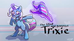 Size: 3200x1800 | Tagged: safe, artist:simpledoggo, trixie, pony, unicorn, g4, cape, clothes, female, hat, horn, magic, mare, pride, pride flag, solo, telekinesis, trans trixie, transgender, transgender pride flag, witch hat