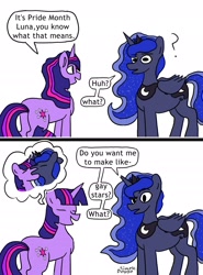 Size: 2000x2700 | Tagged: safe, artist:simpledoggo, princess luna, twilight sparkle, alicorn, pony, unicorn, g4, butt, comic, dialogue, duo, duo female, eyes closed, female, jewelry, kissing, lesbian, mare, meme, peytral, plot, pride month, regalia, ship:twiluna, shipping, simple background, speech bubble, thought bubble, unicorn twilight, white background