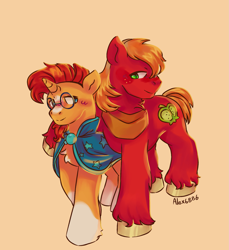 Size: 1589x1731 | Tagged: safe, artist:alex6886, big macintosh, sunburst, earth pony, pony, unicorn, fanfic:once a week, g4, big macintosh's yoke, cape, clothes, duo, duo male, fanfic art, gay, hoof around neck, horn, horse collar, looking at each other, looking at someone, male, ship:macburst, shipping, simple background, story in the source, unshorn fetlocks