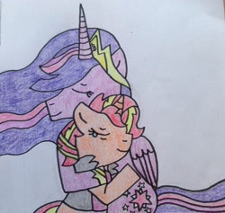 Size: 2349x2224 | Tagged: safe, artist:dragonpriness, sunset shimmer, twilight sparkle, alicorn, pony, unicorn, g4, duo, duo female, eyes closed, female, friends, horn, hug, older, older sunset shimmer, older twilight, older twilight sparkle (alicorn), traditional art, twilight sparkle (alicorn)