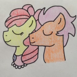 Size: 2204x2215 | Tagged: safe, artist:darkstarnightwalker, apple bloom, tender taps, earth pony, pony, g4, duo, duo male and female, eyes closed, female, male, mare, older, older apple bloom, older tender taps, ship:tenderbloom, shipping, stallion, straight, traditional art