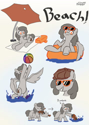 Size: 2000x2808 | Tagged: safe, artist:simpledoggo, oc, oc only, oc:rosin stacatto, pegasus, pony, beach, beach ball, bow (instrument), cap, female, gradient background, hat, inner tube, mare, musical instrument, playing instrument, pool toy, sketch, sketch dump, solo, sunglasses, violin, violin bow, water