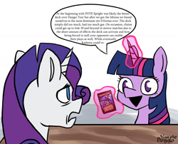 Size: 2000x1617 | Tagged: safe, artist:simpledoggo, rarity, twilight sparkle, pony, unicorn, g4, dialogue, duo, duo female, female, horn, magic, mare, speech bubble, telekinesis, yu-gi-oh!