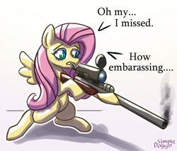 Size: 2000x1700 | Tagged: safe, artist:simpledoggo, fluttershy, pegasus, pony, g4, attempted murder, current events, dialogue, donald trump, female, gradient background, gun, implied donald trump, mare, rifle, sniper rifle, solo, speech bubble, trump assassination attempt, weapon