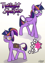 Size: 2000x2799 | Tagged: safe, artist:doggoisadummy, twilight sparkle, alicorn, pony, unicorn, g4, alternate cutie mark, alternate design, alternate eye color, alternate hairstyle, alternate mane color, alternate tail color, alternate tailstyle, bag, bags under eyes, female, frown, glasses, gradient background, high res, leonine tail, mare, no pupils, orange eye, ponytail, redesign, saddle bag, solo, tail, twilight sparkle (alicorn), unicorn twilight