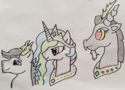 Size: 924x670 | Tagged: safe, artist:dragonpriness, discord, princess celestia, oc, oc:unison, draconequus, hybrid, pony, g4, father and child, father and son, female, husband and wife, interspecies offspring, male, mother and child, mother and son, offspring, parent:discord, parent:princess celestia, parents:dislestia, ship:dislestia, shipping, straight, traditional art, trio